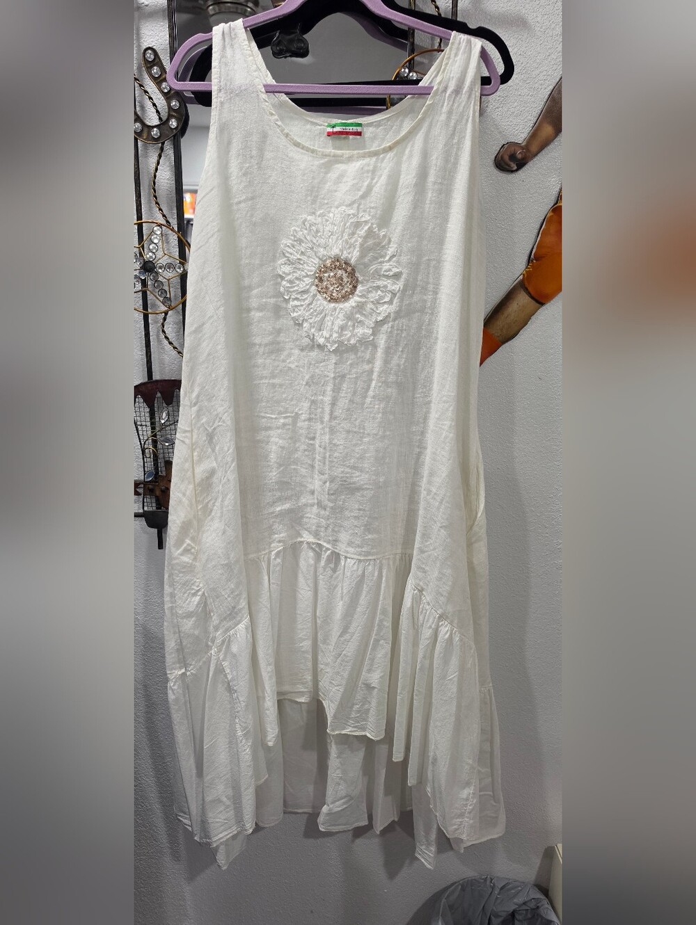 Women's White Maxi Dress with Floral Appliqué - Picture 1 of 5